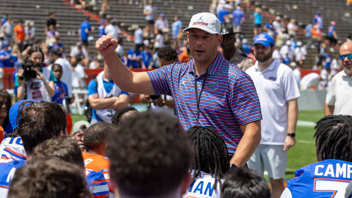Florida head coach Jon Sumrall speaks to the team after the Orange and Blue game at Steve Spurrier Field at Ben Hill Griffin Stadium in Gainesville, FL on Saturday, April 11, 2026. [Alan Youngblood/Gainesville Sun]