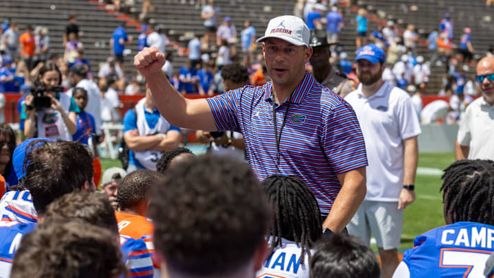Florida head coach Jon Sumrall speaks to the team after the Orange and Blue game at Steve Spurrier Field at Ben Hill Griffin Stadium in Gainesville, FL on Saturday, April 11, 2026. [Alan Youngblood/Gainesville Sun]