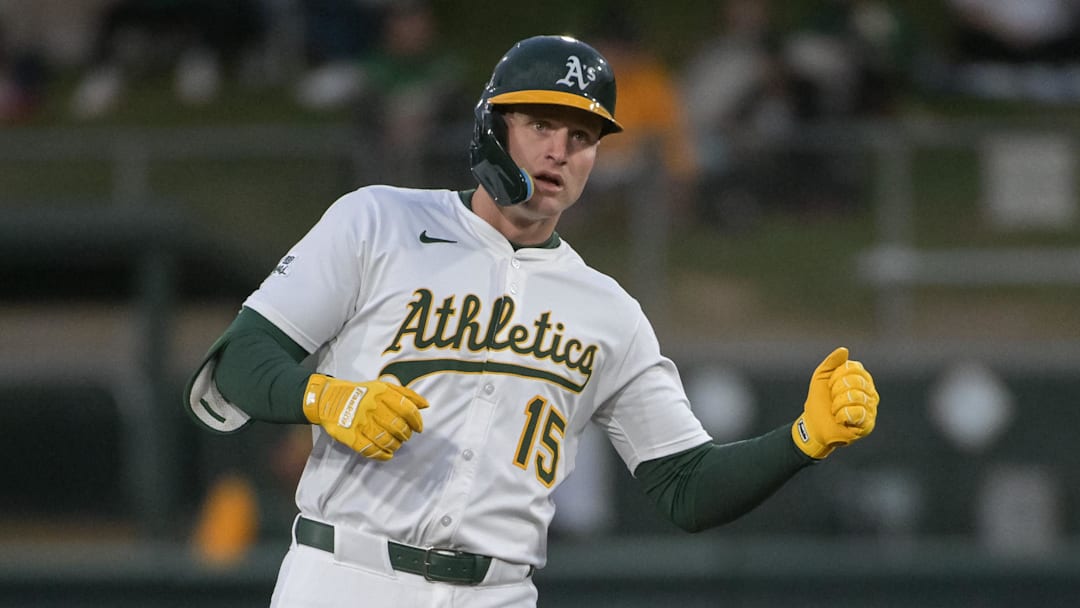 Apr 24, 2025; West Sacramento, California, USA; Athletics outfielder Seth Brown (15) motions to his team mates after hitting a double against the Texas Rangers during the second inning at Sutter Health Park. Mandatory Credit: Ed Szczepanski-Imagn Images Apr 24, 2025; West Sacramento, California, USA; Athletics outfielder Seth Brown (15) motions to his team mates after hitting a double against the Texas Rangers during the second inning at Sutter Health Park. Mandatory Credit: Ed Szczepanski-Imagn Images