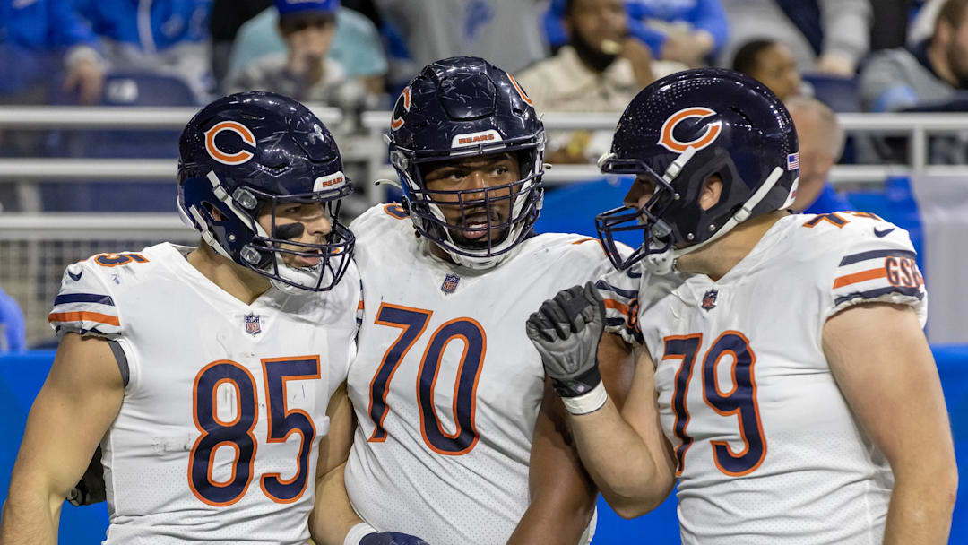Bears players Cole Kmet, Braxton Jones, Michael Schofield III