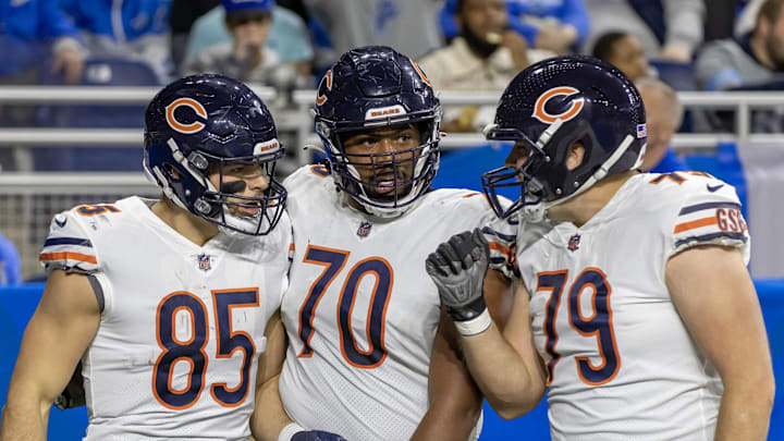 Bears players Cole Kmet, Braxton Jones, Michael Schofield III