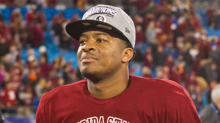 Dec 6, 2014; Charlotte, NC, USA; Florida State Seminoles quarterback Jameis Winston (5) walks off the field after defeating the Georgia Tech Yellow Jackets at Bank of America Stadium. FSU defeated Georgia Tech 37-35. Mandatory Credit: Jeremy Brevard-Imagn Images Dec 6, 2014; Charlotte, NC, USA; Florida State Seminoles quarterback Jameis Winston (5) walks off the field after defeating the Georgia Tech Yellow Jackets at Bank of America Stadium. FSU defeated Georgia Tech 37-35. Mandatory Credit: Jeremy Brevard-Imagn Images