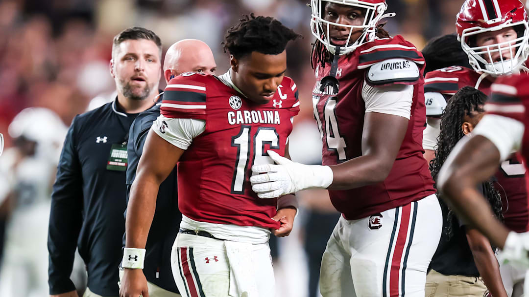 Sep 13, 2025; Columbia, South Carolina, USA; South Carolina Gamecocks quarterback LaNorris Sellers (16) walks off the field after being injured against the Vanderbilt Commodores in the second quarter at Williams-Brice Stadium. Mandatory Credit: Jeff Blake-Imagn Images