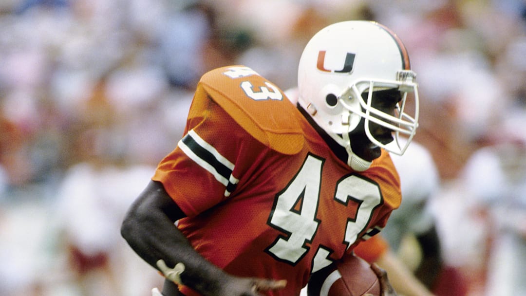 Nov 26, 1988; Miami, FL, USA; FILE PHOTO; Miami Hurricanes running back Cleveland Gary (43) in action against the Arkansas Razorbacks at the Orange Bowl. 