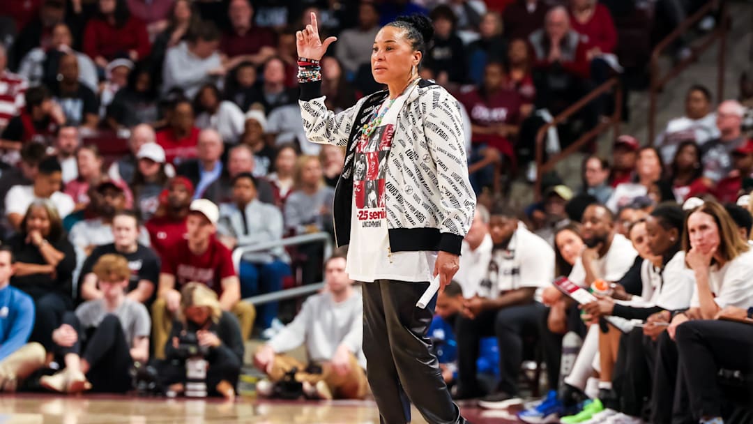Mar 2, 2025; Columbia, South Carolina, USA; South Carolina Gamecocks head coach Dawn Staley directs her team against the Kentucky Wildcats in the first half at Colonial Life Arena. Mandatory Credit: Jeff Blake-Imagn Images