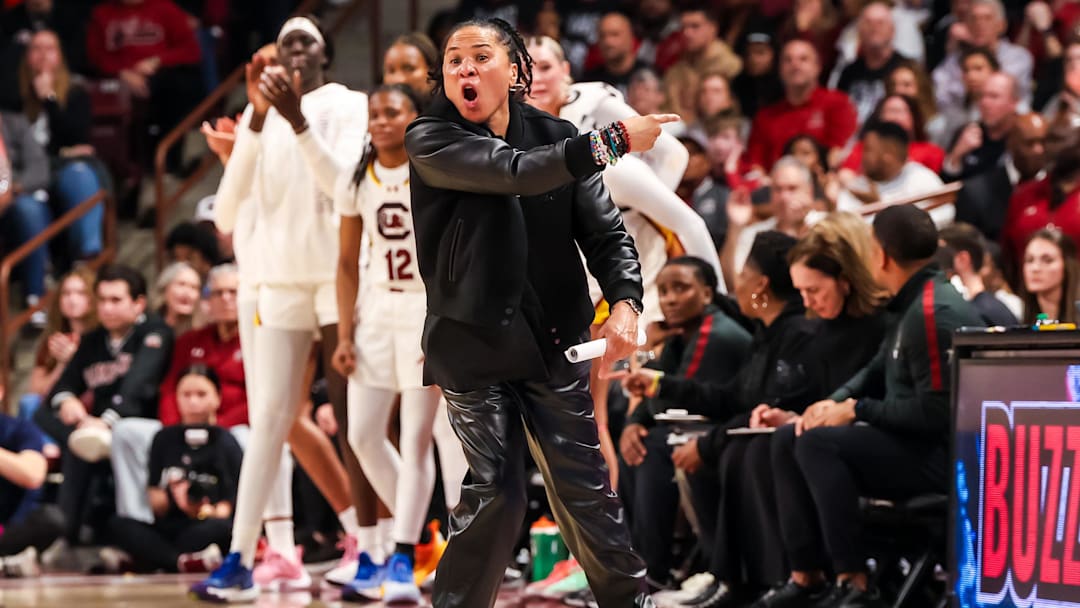 Feb 16, 2025; Columbia, South Carolina, USA; South Carolina Gamecocks head coach Dawn Staley directs her team against the UConn Huskies in the first half at Colonial Life Arena. Mandatory Credit: Jeff Blake-Imagn Images