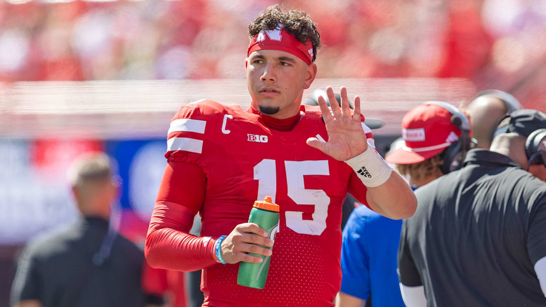 Nebraska quarterback Dylan Raiola on the sideline during the second quarter vs. Houston Christian on Sept. 13, 2025.