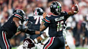 South Carolina Gamecocks quarterback LaNorris Sellers (16) in the knees, drawing a personal foul penalty, in the second quarter at Williams-Brice Stadium. 