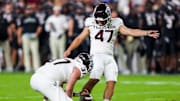 Texas A&M Aggies place kicker Randy Bond (47) kicks an extra point against the South Carolina Gamecocks in the second quarter at Williams-Brice Stadium. 