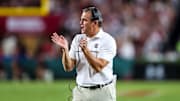 Sep 13, 2025; Columbia, South Carolina, USA; South Carolina Gamecocks head coach Shane Beamer directs his team against the Vanderbilt Commodores in the second quarter at Williams-Brice Stadium. Mandatory Credit: Jeff Blake-Imagn Images