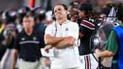 Sep 27, 2025; Columbia, South Carolina, USA; South Carolina Gamecocks head coach Shane Beamer directs his team against the Kentucky Wildcats in the second half at Williams-Brice Stadium. Mandatory Credit: Jeff Blake-Imagn Images
