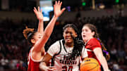 South Carolina Gamecocks forward Sania Feagin (20) drives around Oklahoma Sooners forward Skylar Vann (24) in the first half at Colonial Life Arena.