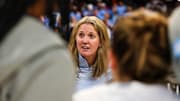 Mar 22, 2024; Columbia, SC, USA; North Carolina Tar Heels head coach Courtney Banghart speaks with her team following their win over the Michigan State Spartans at Colonial Life Arena. 