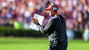 Oct 25, 2025; Columbia, South Carolina, USA; Alabama Crimson Tide head coach Kalen Deboer directs his team against the South Carolina Gamecocks in the first quarter at Williams-Brice Stadium. Mandatory Credit: Jeff Blake-Imagn Images