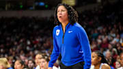Dec 5, 2024; Columbia, South Carolina, USA; Duke Blue Devils head coach Kara Lawson directs her team against the South Carolina Gamecocks in the first half at Colonial Life Arena. Mandatory Credit: Jeff Blake-Imagn Images