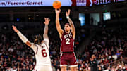 Jan 25, 2025; Columbia, South Carolina, USA; Mississippi State Bulldogs guard Riley Kugel (2) shoots over South Carolina Gamecocks guard Jamarii Thomas (6) in the second half at Colonial Life Arena. Mandatory Credit: Jeff Blake-Imagn Images