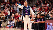Jan 19, 2025; Columbia, South Carolina, USA; South Carolina Gamecocks head coach Dawn Staley directs her team against the Oklahoma Sooners in the first half at Colonial Life Arena. Mandatory Credit: Jeff Blake-Imagn Images