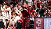 Jan 24, 2025; Columbia, South Carolina, USA; South Carolina Gamecocks head coach Dawn Staley reacts to a play against the LSU Lady Tigers in the second half at Colonial Life Arena. Mandatory Credit: Jeff Blake-Imagn Images