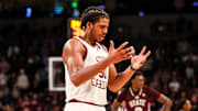 Jan 25, 2025; Columbia, South Carolina, USA; South Carolina Gamecocks forward Collin Murray-Boyles (30) reacts to a play against the Mississippi State Bulldogs in the second half at Colonial Life Arena. Mandatory Credit: Jeff Blake-Imagn Images