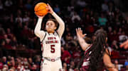 Jan 9, 2025; Columbia, South Carolina, USA; South Carolina Gamecocks guard Tessa Johnson (5) shoots against the Texas A&M Aggies in the first half at Colonial Life Arena. Mandatory Credit: Jeff Blake-Imagn Images