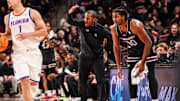 Jan 22, 2025; Columbia, South Carolina, USA; South Carolina Gamecocks head coach Lamont Paris directs his team against the Florida Gators in the second half at Colonial Life Arena. Mandatory Credit: Jeff Blake-Imagn Images
