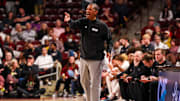 Mar 4, 2025; Columbia, South Carolina, USA; South Carolina Gamecocks head coach Lamont Paris directs his team against the Georgia Bulldogs in the first half at Colonial Life Arena. Mandatory Credit: Jeff Blake-Imagn Images
