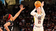 Mar 23, 2025; Columbia, South Carolina, USA; South Carolina Gamecocks forward Chloe Kitts (21) shoots against the Indiana Hoosiers in the first half at Colonial Life Arena. Mandatory Credit: Jeff Blake-Imagn Images