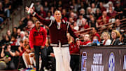 Mar 23, 2025; Columbia, South Carolina, USA; South Carolina Gamecocks head coach Dawn Staley directs her team against the Indiana Hoosiers in the first half at Colonial Life Arena. Mandatory Credit: Jeff Blake-Imagn Images