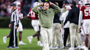 Nov 23, 2024; Columbia, South Carolina, USA; South Carolina Gamecocks head coach Shane Beamer directs his team against the Wofford Terriers in the second half at Williams-Brice Stadium. Mandatory Credit: Jeff Blake-Imagn Images
