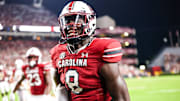 Sep 9, 2023; Columbia, South Carolina, USA; South Carolina Gamecocks wide receiver Nyck Harbor (8) celebrates a touchdown during the third quarter at Williams-Brice Stadium. Mandatory Credit: Jeff Blake-Imagn Images