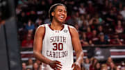 Mar 1, 2025; Columbia, South Carolina, USA; South Carolina Gamecocks forward Collin Murray-Boyles (30) celebrates a play against the Arkansas Razorbacks in the second half at Colonial Life Arena. Mandatory Credit: Jeff Blake-Imagn Images