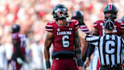 Aug 31, 2024; Columbia, South Carolina, USA; South Carolina Gamecocks edge Dylan Stewart (6) celebrates after a sack against the Old Dominion Monarchs in the second quarter at Williams-Brice Stadium. Mandatory Credit: Jeff Blake-Imagn Images