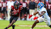 Oct 5, 2024; Columbia, South Carolina, USA; South Carolina Gamecocks wide receiver Mazeo Bennett Jr. (3) runs after a catch against the Mississippi Rebels in the second half at Williams-Brice Stadium. Mandatory Credit: Jeff Blake-Imagn Images