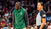 Mar 17, 2023; Columbia, SC, USA; Norfolk State Spartans head coach Larry Vickers disputes a call against the South Carolina Gamecocks in the first half in the first round of the 2023 NCAA Division 1 women   s basketball tournament at Colonial Life Arena. Mandatory Credit: Jeff Blake-Imagn Images
