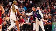 Jan 19, 2025; Columbia, South Carolina, USA; South Carolina Gamecocks head coach Dawn Staley high fives forward Maryam Dauda (30) in the first half at Colonial Life Arena. Mandatory Credit: Jeff Blake-Imagn Images