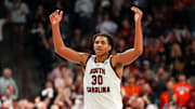 Dec 17, 2024; Columbia, South Carolina, USA; South Carolina Gamecocks forward Collin Murray-Boyles (30) celebrates a play against the Clemson Tigers in the second half of South Carolina’s 91-88 overtime win at Colonial Life Arena. Mandatory Credit: Jeff Blake-Imagn Images