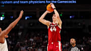 Mar 1, 2025; Columbia, South Carolina, USA; Arkansas Razorbacks forward Zvonimir Ivisic (44) attempts a three point basket against the South Carolina Gamecocks in the second half at Colonial Life Arena. Mandatory Credit: Jeff Blake-Imagn Images