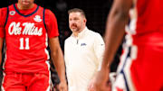 Feb 12, 2025; Columbia, South Carolina, USA; Mississippi Rebels head coach Chris Beard directs his team against the South Carolina Gamecocks in the second half at Colonial Life Arena. Mandatory Credit: Jeff Blake-Imagn Images