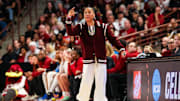 South Carolina Gamecocks head coach Dawn Staley directs her team against the Indiana Hoosiers.