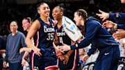 UConn Huskies guard Azzi Fudd is congratulated after being pulled from the game against the South Carolina Gamecocks.