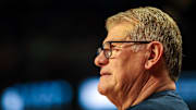 Feb 11, 2024; Columbia, South Carolina, USA; UConn Huskies head coach Geno Auriemma against the South Carolina Gamecocks in the first half at Colonial Life Arena. Mandatory Credit: Jeff Blake-Imagn Images