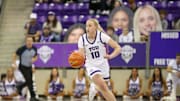 Hailey Van Lith brings the ball up the court in TCU's game against New Orleans. 