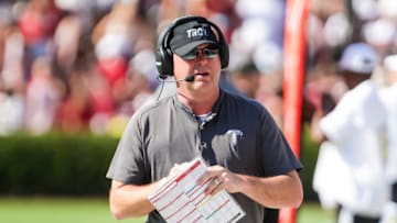 Oct 2, 2021; Columbia, South Carolina, USA; Troy Trojans head coach Chip Lindsey directs his team against the South Carolina Gamecocks in the first half at Williams-Brice Stadium. Mandatory Credit: Jeff Blake-Imagn Images