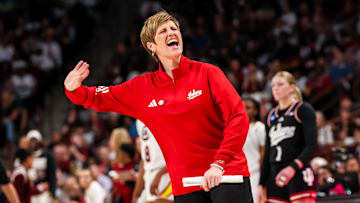 Mar 23, 2025; Columbia, South Carolina, USA; Indiana Hoosiers head coach Teri Moren disputes a charging call against her team during their game against the South Carolina Gamecocks in the second half at Colonial Life Arena. Mandatory Credit: Jeff Blake-Imagn Images