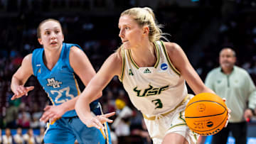 USF guard Sammie Puisis is coming off a 25-point outing as the Bulls get ready to face 2nd-ranked UConn -- Credit: Jeff Blake-Imagn Images