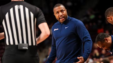 Dec 22, 2024; Columbia, South Carolina, USA; Radford Highlanders head coach Darris Nichols disputes a call against the South Carolina Gamecocks in the first half at Colonial Life Arena. Mandatory Credit: Jeff Blake-Imagn Images