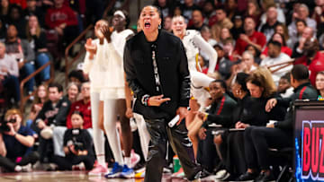 Feb 16, 2025; Columbia, South Carolina, USA; South Carolina Gamecocks head coach Dawn Staley directs her team against the UConn Huskies in the first half at Colonial Life Arena. Mandatory Credit: Jeff Blake-Imagn Images