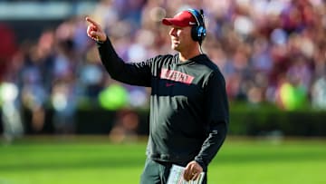 Oct 25, 2025; Columbia, South Carolina, USA; Alabama Crimson Tide head coach Kalen Deboer directs his team against the South Carolina Gamecocks in the first quarter at Williams-Brice Stadium. Mandatory Credit: Jeff Blake-Imagn Images