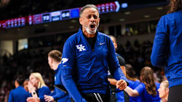 Mar 2, 2025; Columbia, South Carolina, USA; Kentucky Wildcats head coach Kenny Brooks disputes a call against the South Carolina Gamecocks in the second half at Colonial Life Arena. Mandatory Credit: Jeff Blake-Imagn Images
