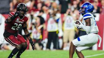 Sep 3, 2022; Columbia, South Carolina, USA; Georgia State Panthers wide receiver Robert Lewis (14) makes a touchdown reception against the South Carolina Gamecocks in the second quarter at Williams-Brice Stadium. Mandatory Credit: Jeff Blake-USA TODAY Sports